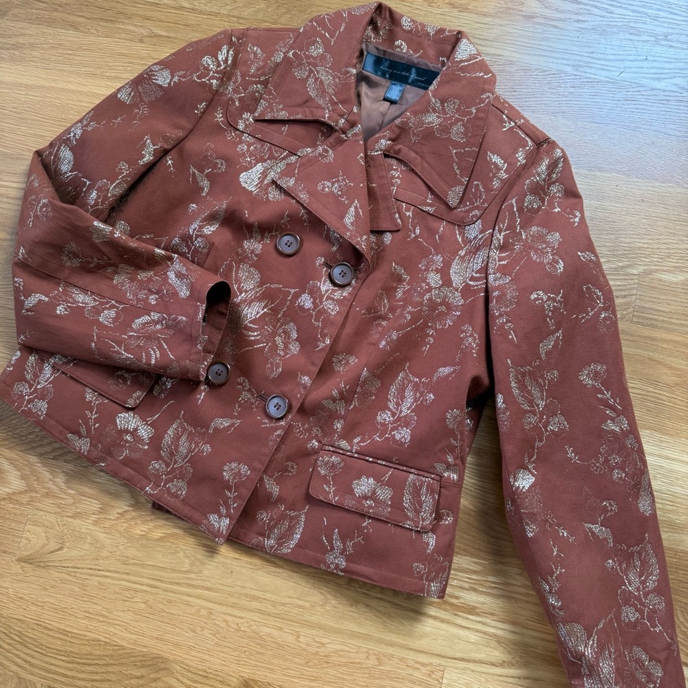 Apostrophe Rust Floral Jacquard Blazer Double Breasted Jacket Vintage Style - Picture 9 of 15